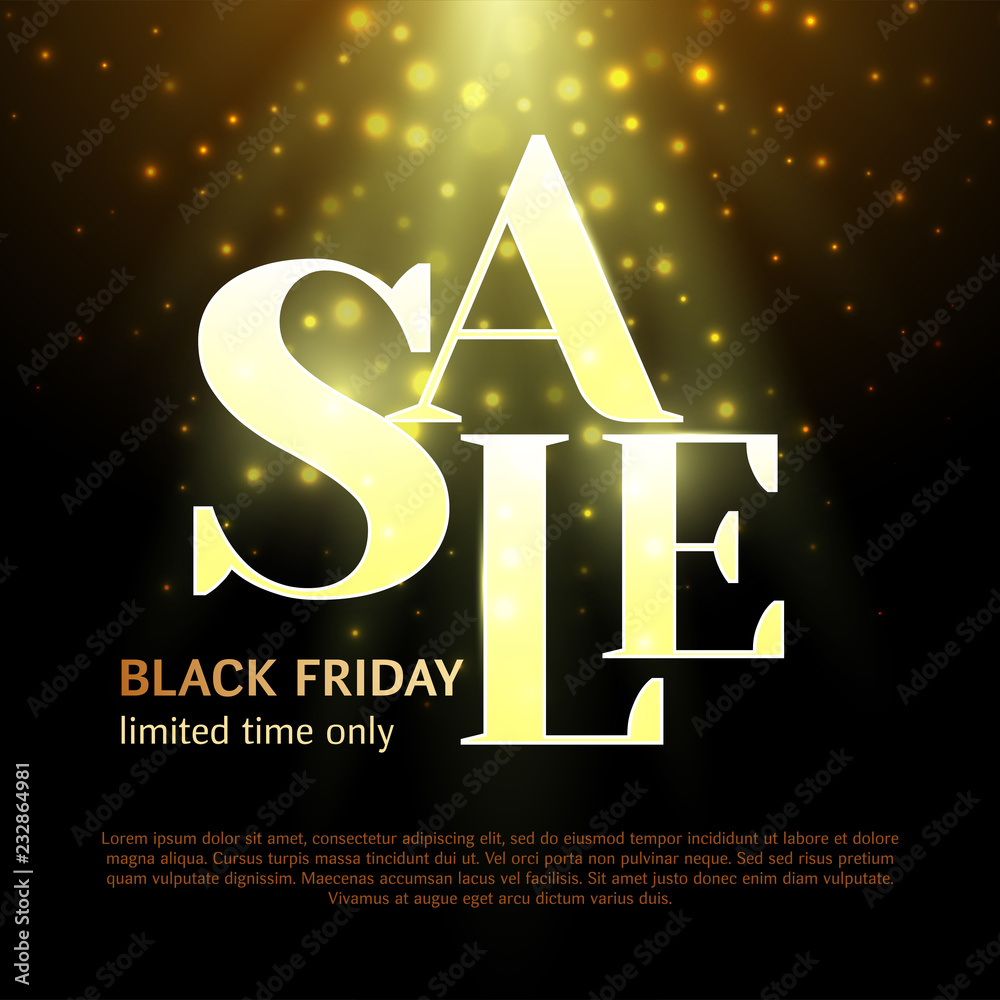 Black friday Luxury sale banner. Stylish text on a black background with  highlights and light. Promo template for website, social network. Vector  illustration Stock Vector | Adobe Stock