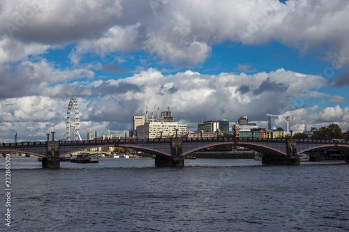 London skyline seen from the River Thames on a beautiful cloudy day
