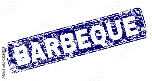 BARBEQUE stamp seal print with distress style. Seal shape is a rounded rectangle with frame. Blue vector rubber print of BARBEQUE title with dust style.