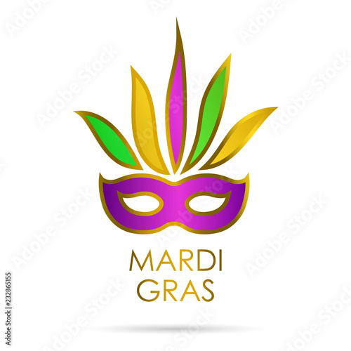 Carnival mask with gold  green and violet colors with lettering Mardi Gras. Isolated on white background