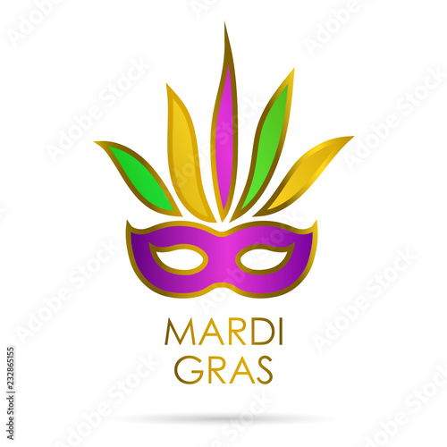 Carnival mask with gold, green and violet colors with lettering Mardi Gras. Isolated on white background