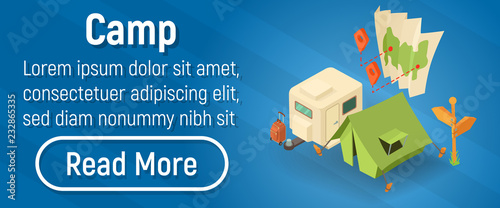Camp concept banner. Isometric banner of camp vector concept for web, giftcard and postcard