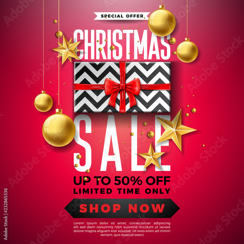 Christmas Sale Design with Ornamental Ball and Gift Box on Red Background. Holiday Vector Illustration with Special Offer Typography Elements for Coupon, Voucher, Banner, Flyer, Promotional Poster or