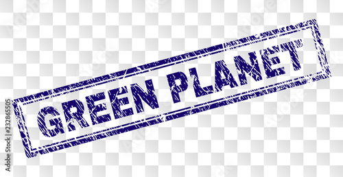 GREEN PLANET stamp seal print with corroded style and double framed rectangle shape. Stamp is placed on a transparent background. Blue vector rubber print of GREEN PLANET caption with unclean texture.
