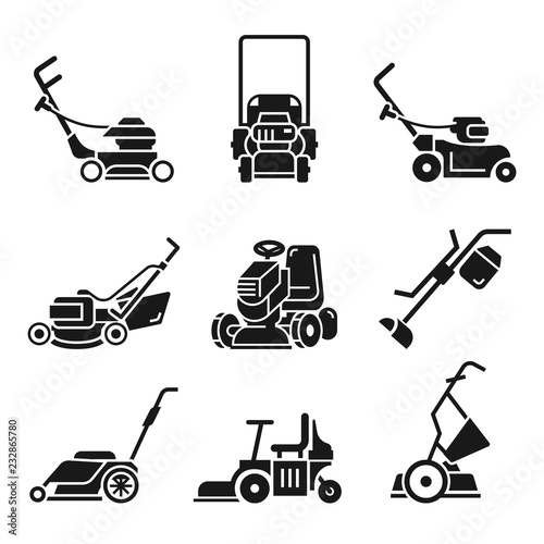 Lawnmower icon set. Simple set of lawnmower vector icons for web design on white background photo