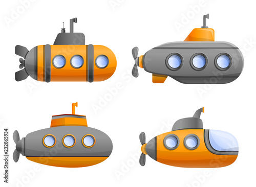 Submarine icon set. Cartoon set of submarine vector icons for web design