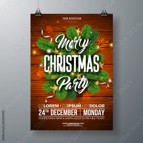 Christmas Party Flyer Illustration with Pine Branch, Gold Star and Typography Lettering on Wood Texture Background. Vector Celebration Poster Design Template for Invitation or Banner.