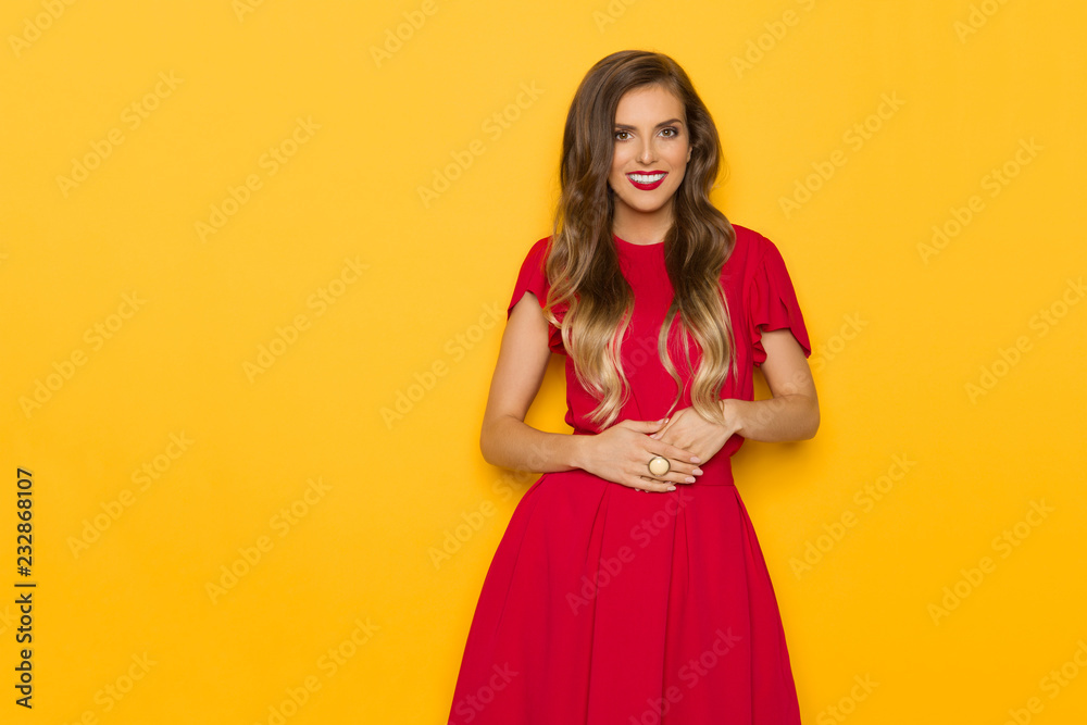 Beautiful Smiling Young Woman In Red Dress