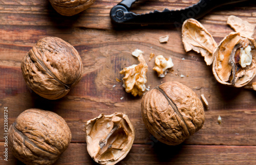 Walnuts on wood.