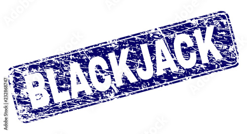 BLACKJACK stamp seal print with distress style. Seal shape is a rounded rectangle with frame. Blue vector rubber print of BLACKJACK caption with dust style.