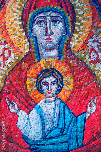 An ancient mosaic image of Virgin Mary with Jesus Christ. Religion, Christianity, faith concept.