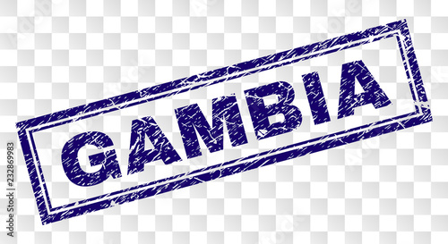 GAMBIA stamp seal print with rubber print style and double framed rectangle shape. Stamp is placed on a transparent background. Blue vector rubber print of GAMBIA text with unclean texture.
