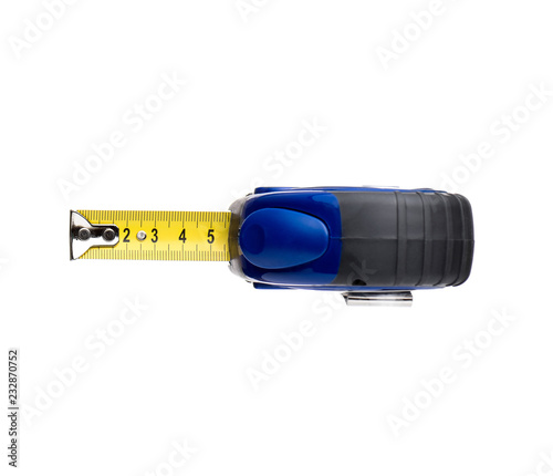 Blue tape measure tool, isolated on white background
