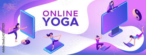 Yoga isometric concept or website template, 3d women doing physical exercises and watching online classes via smartphone or laptop, mobile app background, illustration of meditating in different pose