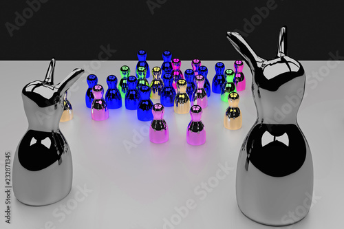 glossy figures standing on a bright surface and celebrating a pretty scary halloween party