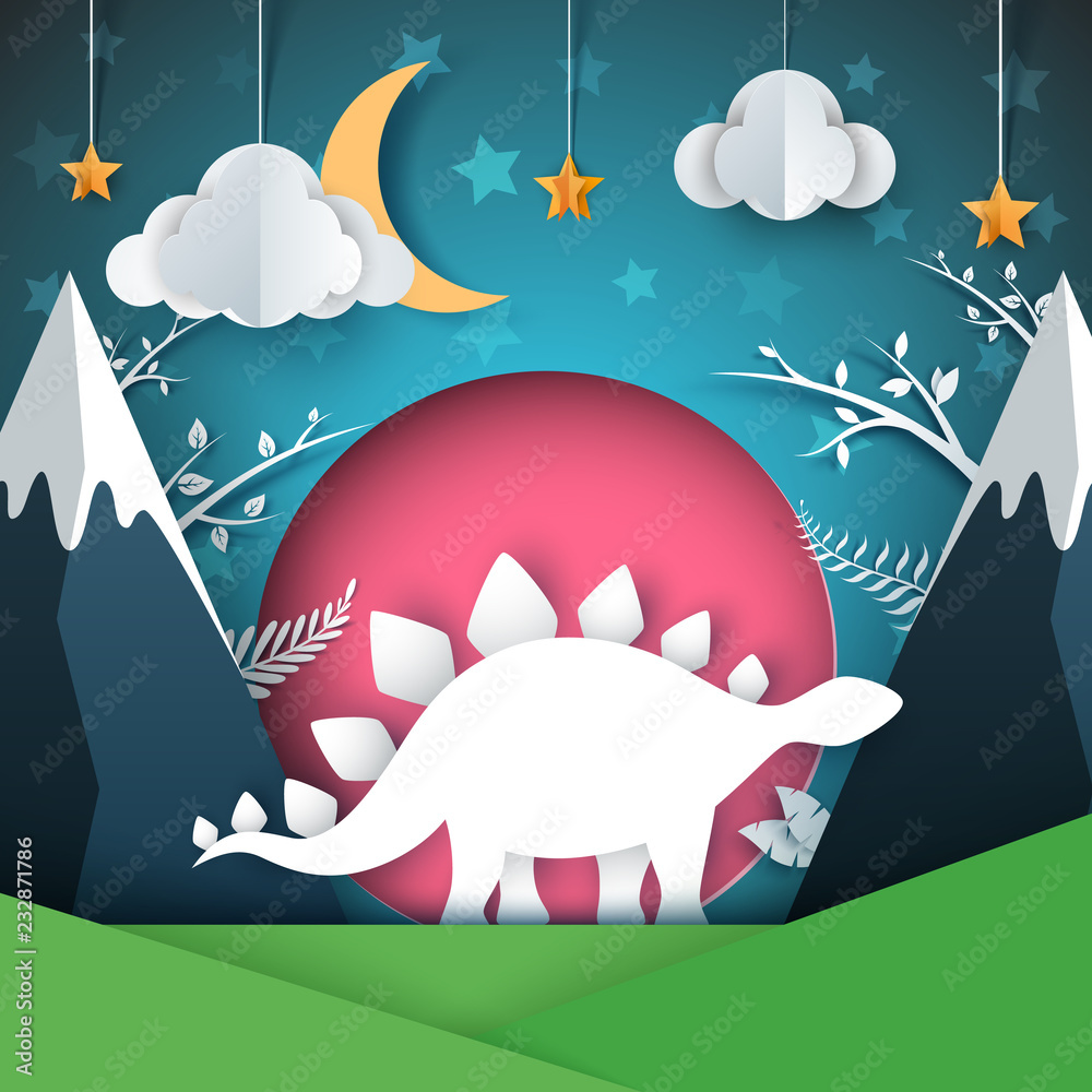 Dino, dinosaur illustration. Cartoon paper landscape Vector eps 10
