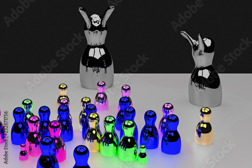 glossy figures standing on a bright surface and celebrating a pretty scary halloween party