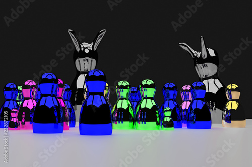 glossy figures standing on a bright surface and celebrating a pretty scary halloween party