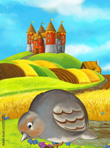 Cartoon happy farm scene with cute bird and castle in the background - illustration for children