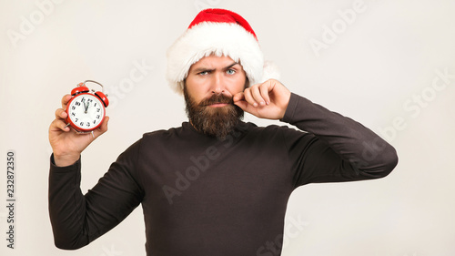 Happy new year. Celebrating man. Label winter. Christmas hat isolated. Party guy.