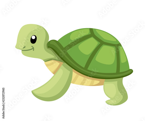 Happy cute turtle walking with smile. Cartoon character design. Flat vector illustration isolated on white background