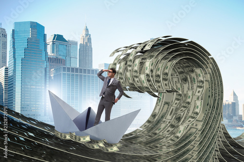 Photography Businessman riding paper boat in dollar sea