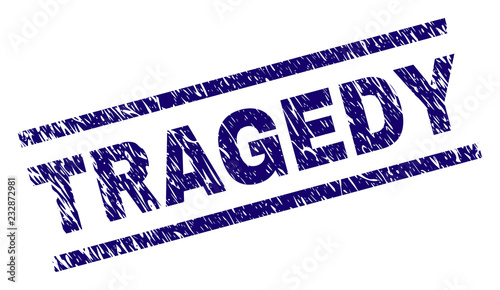 TRAGEDY seal print with distress style. Blue vector rubber print of TRAGEDY text with unclean texture. Text caption is placed between parallel lines.