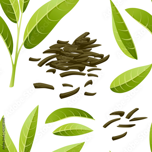 Seamless pattern. Fresh tea leaves and pile dry tea. Green tea for design, advertising and packaging. Flat vector illustration isolated on white background
