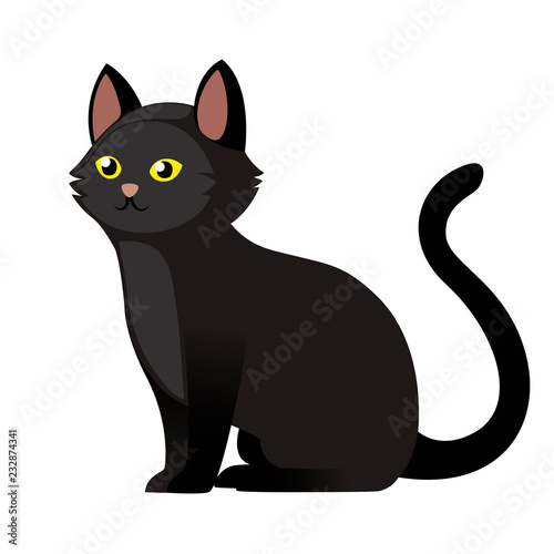 Sitting black cat with yellow eyes. Cute home animal. Cartoon character design. Flat vector illustration isolated on white background