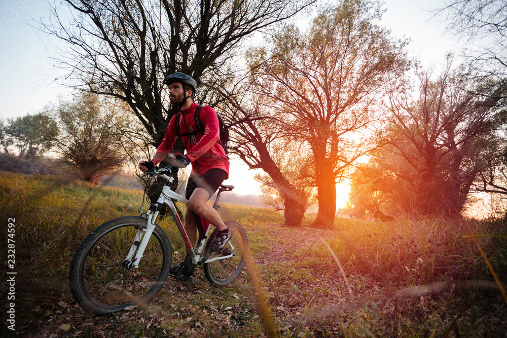 Determined young man exercising, riding mountain bike along a footpath through forest. Sunset on a beautiful autumn day. Healthy and active lifestyle concept