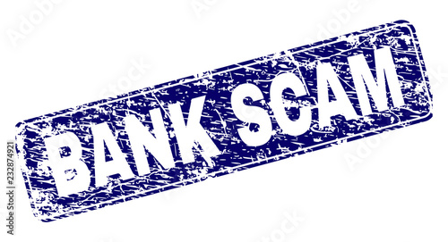 BANK SCAM stamp seal print with grunge texture. Seal shape is a rounded rectangle with frame. Blue vector rubber print of BANK SCAM label with grunge texture.