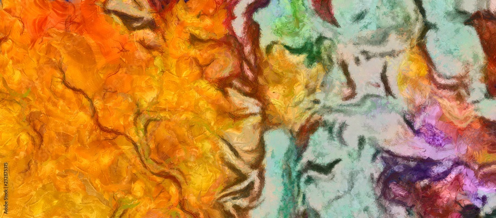 Artistic retro vintage texture. Original grunge background. Colorful painting pattern for graphic design. Simple close up chaotic brush strokes on canvas. Textured splashes of oil paint. Warm colors. 