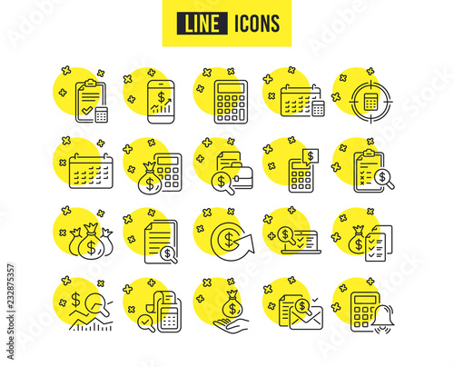 Accounting line icons. Set of Calculation, Check investment and Report linear icons. Calendar, Banking account and Finance documents. Bill, Calculate income, Wealth auditing signs. Report vector