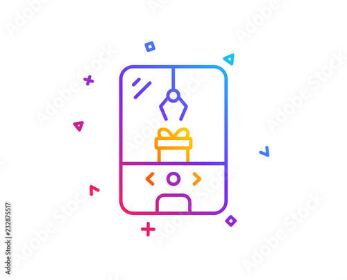 Crane claw machine line icon. Amusement park sign. Carousels symbol. Gradient line button. Crane claw machine icon design. Colorful geometric shapes. Vector