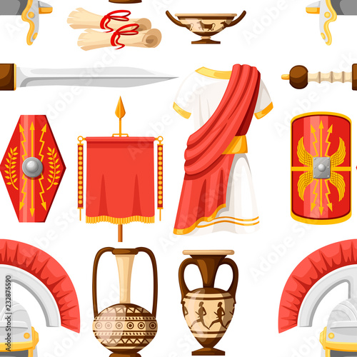 Seamless pattern. Collection of ancient Roman icons. Clothes, gladius, scutum, scrolls and ceramic tableware. Flat vector illustrator isolated on white background photo