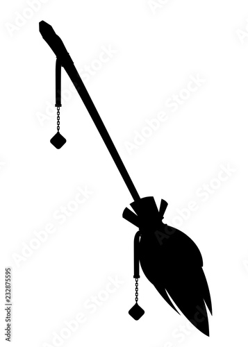 Black silhouette. Magic flying broom. Object for a party for Halloween. Wooden broom with gemstone and feather. Flat vector illustration isolated on white background