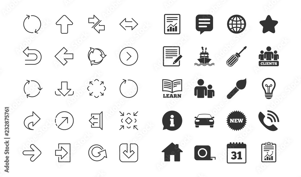 Fototapeta premium Linear Arrow icons. Set of Download, Synchronize and Recycle signs. Undo, Refresh and Login symbols. Sign out, Next and Upload. Universal Arrow elements. Information, calendar and call phone icons