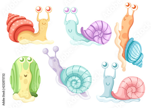 Collection of different snails. Sea and forest snails. Colorful clam cartoon character design. Flat vector illustration isolated on white background
