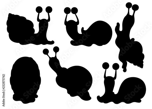 Black silhouette. Collection of different snails. Sea and forest snails. Clam cartoon character design. Flat vector illustration isolated on white background