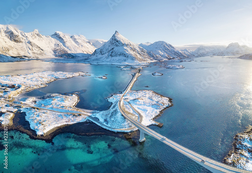 Aerial view on the Lofoten islands, Norway. Natural landscape from drone. Aer...