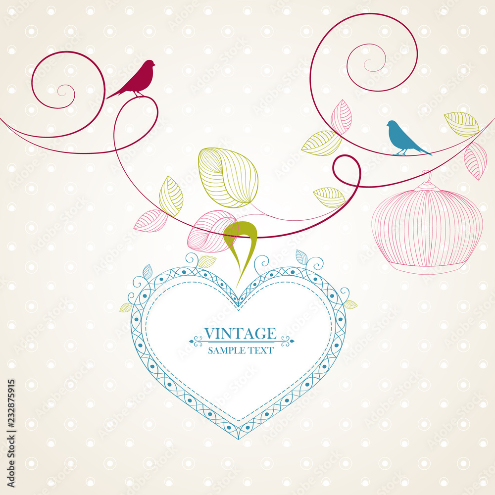 Abstract background with flower buds and birds. Flower greeting frame in the shape of a heart. Heart with flower petals.