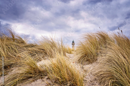 Panorama from the lighthouse in Warnemünde behind the dune grass.