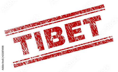 TIBET seal print with grunge texture. Red vector rubber print of TIBET tag with dust texture. Text label is placed between double parallel lines.
