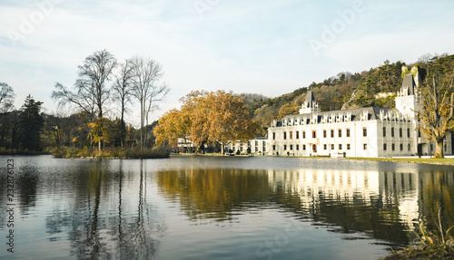 Magical autumn Lake landscape in the Park of Castle Hernstein in Austria