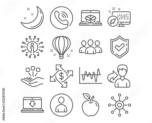 Set of Payment exchange, Consolidation and Internet downloading icons. Online delivery, Group and Stock analysis signs. Air balloon, Avatar and Multichannel symbols. Payment vector