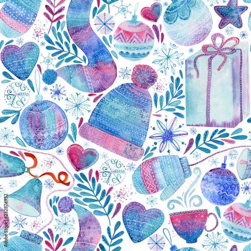 Seamless watercolor pattern , winter warm and cozy stuff, christmas ballcoffee, knitted hat, snowflakes, scarf, mittens, branches, hot drink, heart, bell.
