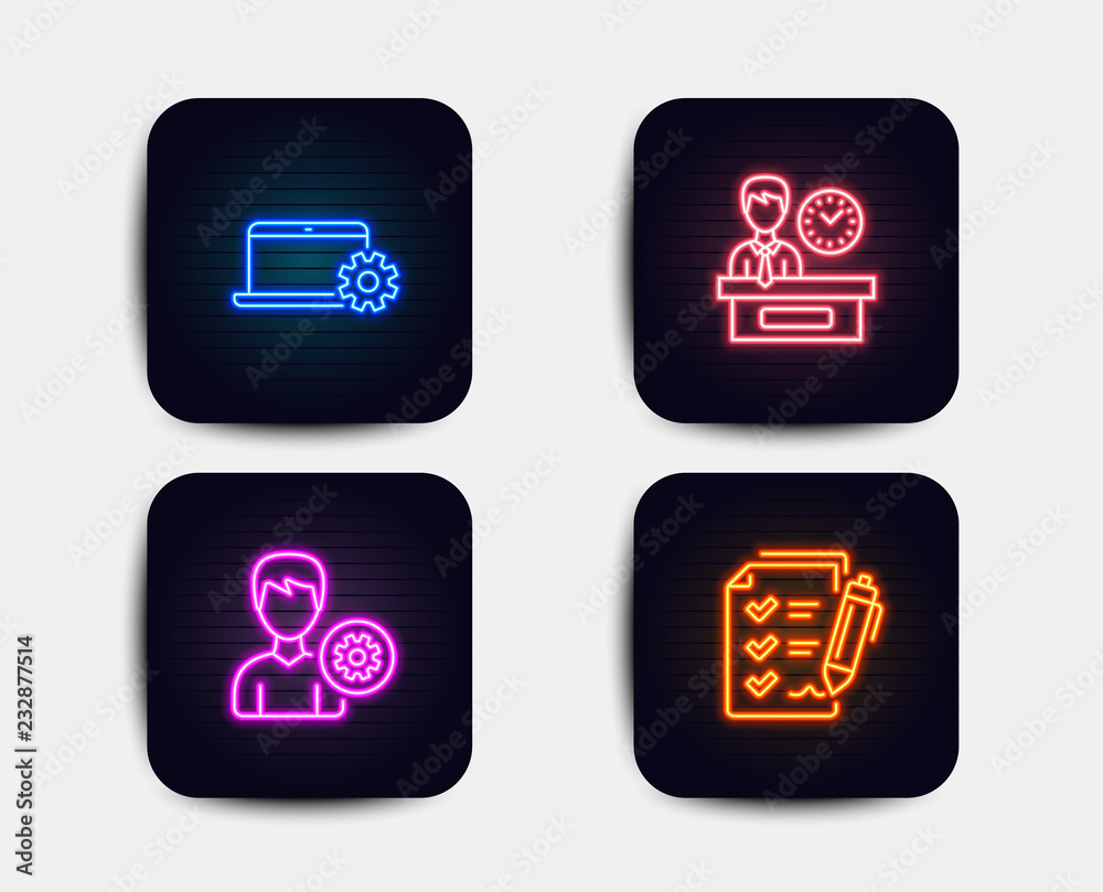 Neon glow lights. Set of Presentation time, Notebook service and Support icons. Survey checklist sign. Report, Computer repair, Edit profile. Neon icons. Glowing light banners. Vector Neon glow lights. Set of Presentation time, Notebook service and Support icons. Survey checklist sign. Report, Computer repair, Edit profile. Neon icons. Glowing light banners. Vector