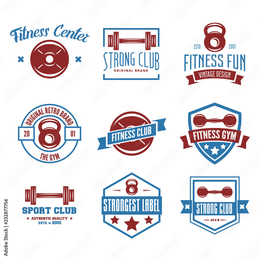 Set of fitness emblems, signs, labels, badges, logos and designed elements.