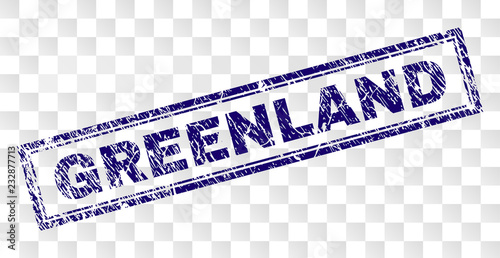 GREENLAND stamp seal imprint with rubber print style and double framed rectangle shape. Stamp is placed on a transparent background. Blue vector rubber print of GREENLAND title with unclean texture.