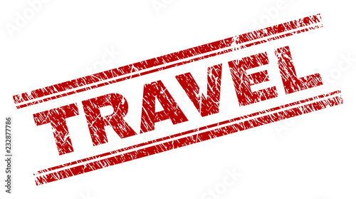 TRAVEL seal watermark with corroded texture. Red vector rubber print of TRAVEL label with unclean texture. Text label is placed between double parallel lines.